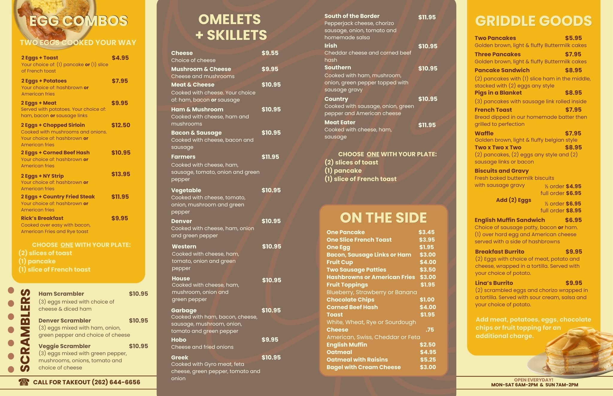 The printed breakfast menu at Lina's Cafe: egg combos, omelets, skillets and griddle goods