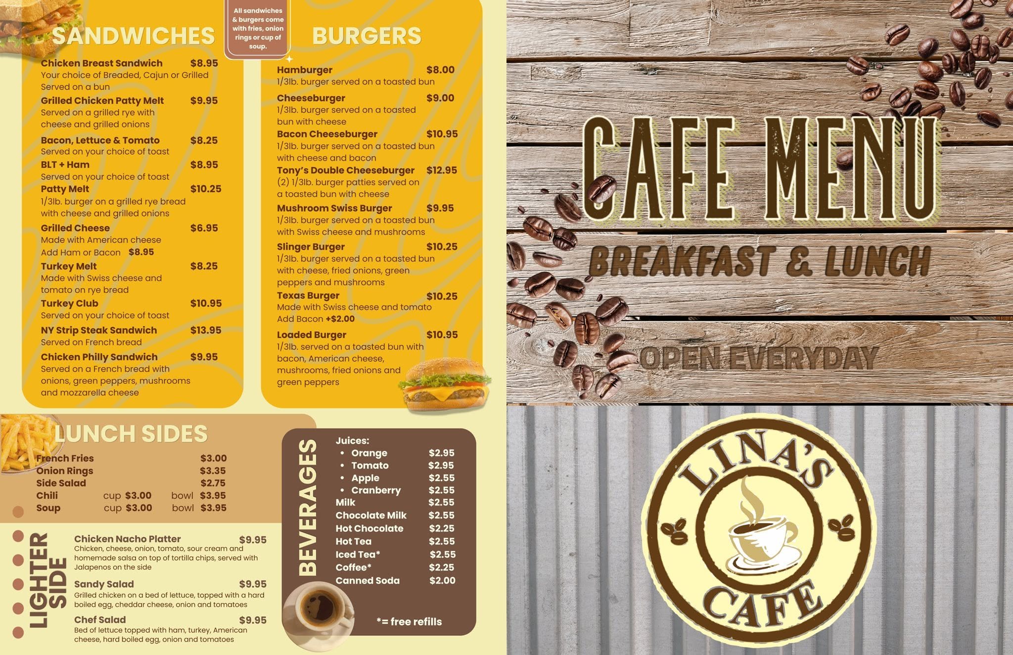The printed lunch menu at Lina's Cafe