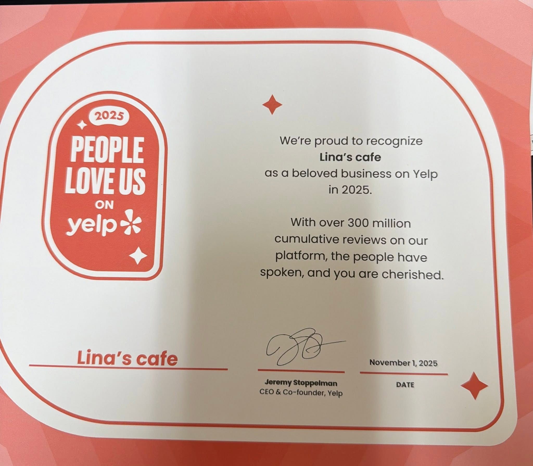 Yelp People Love Us certificate awarded to Lina's Cafe in 2025